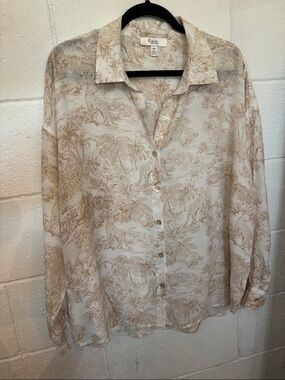 C & J Malibu Beige Printed Button-Up Blouse